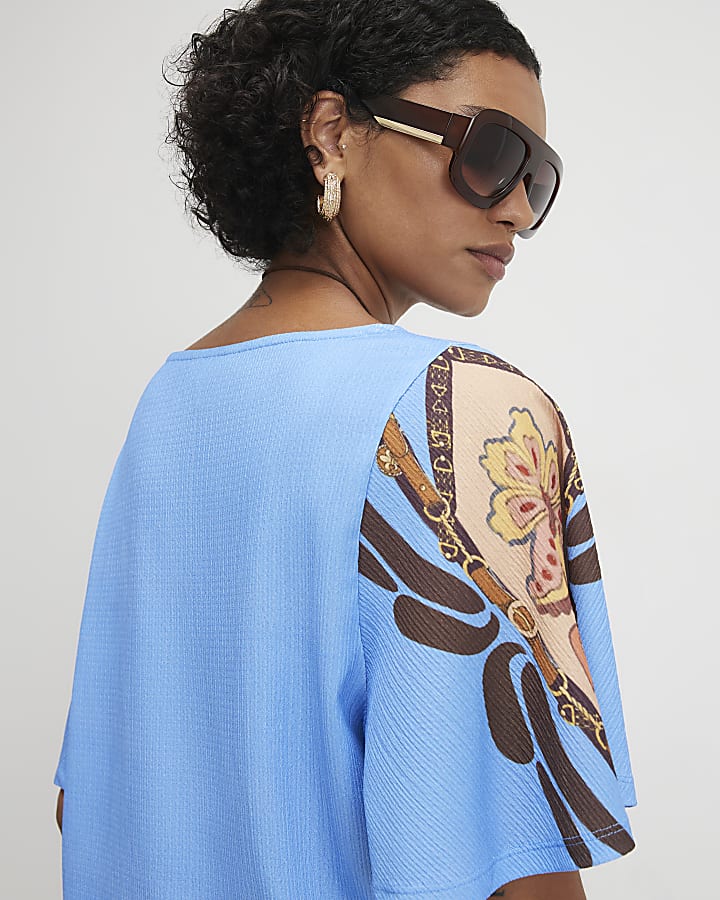 Blue Conversational Print Textured Top