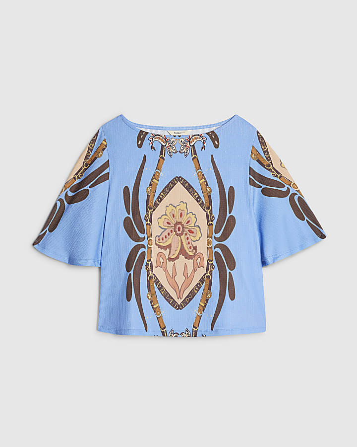 Blue Conversational Print Textured Top