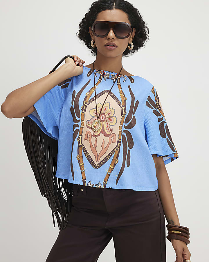 Blue Conversational Print Textured Top