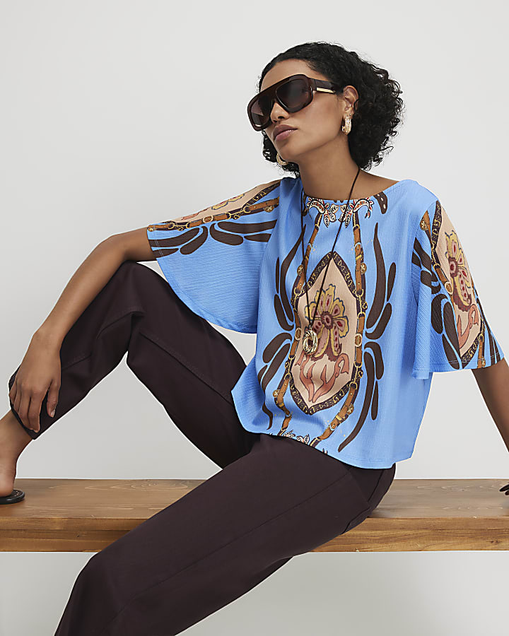 Blue Conversational Print Textured Top