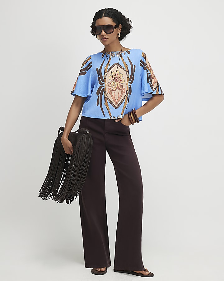 Blue Conversational Print Textured Top
