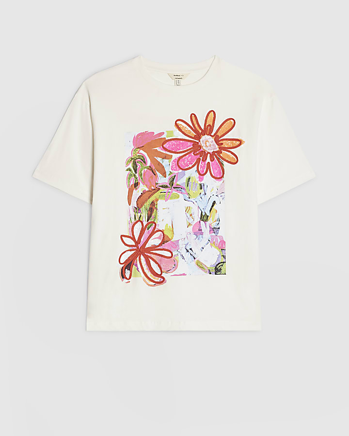 White Sequin Floral Print T-Shirt
