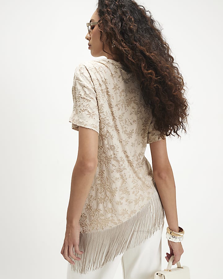 Beige Burnout Devore Fringed T-Shirt