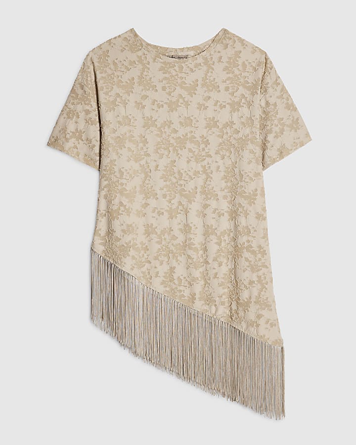 Beige Burnout Devore Fringed T-Shirt