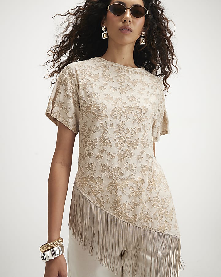 Beige Burnout Devore Fringed T-Shirt