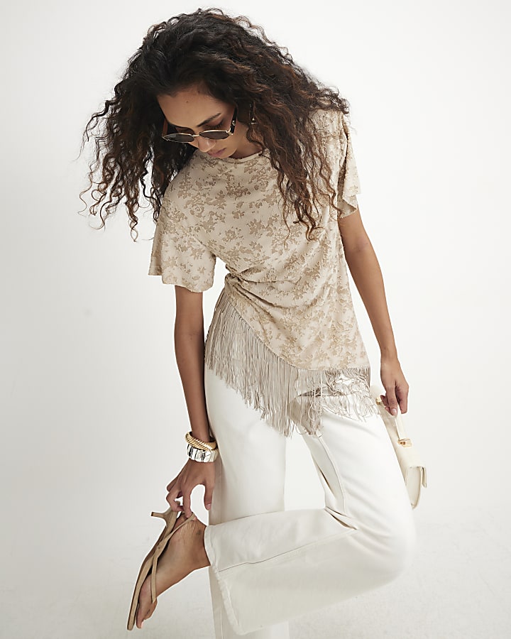 Beige Burnout Devore Fringed T-Shirt