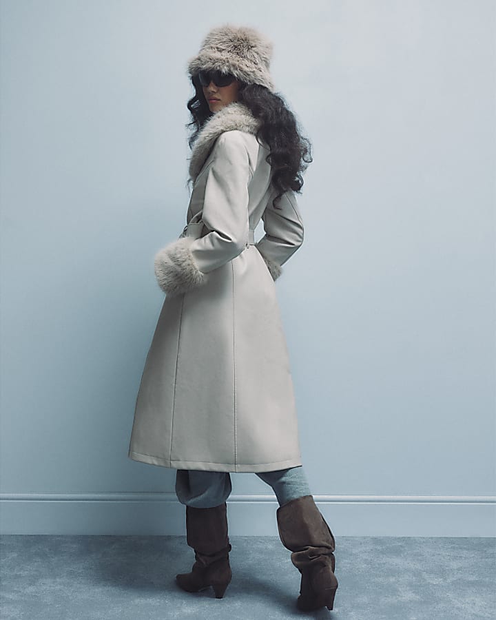 Cream Belted Faux Fur Trim Trench Coat