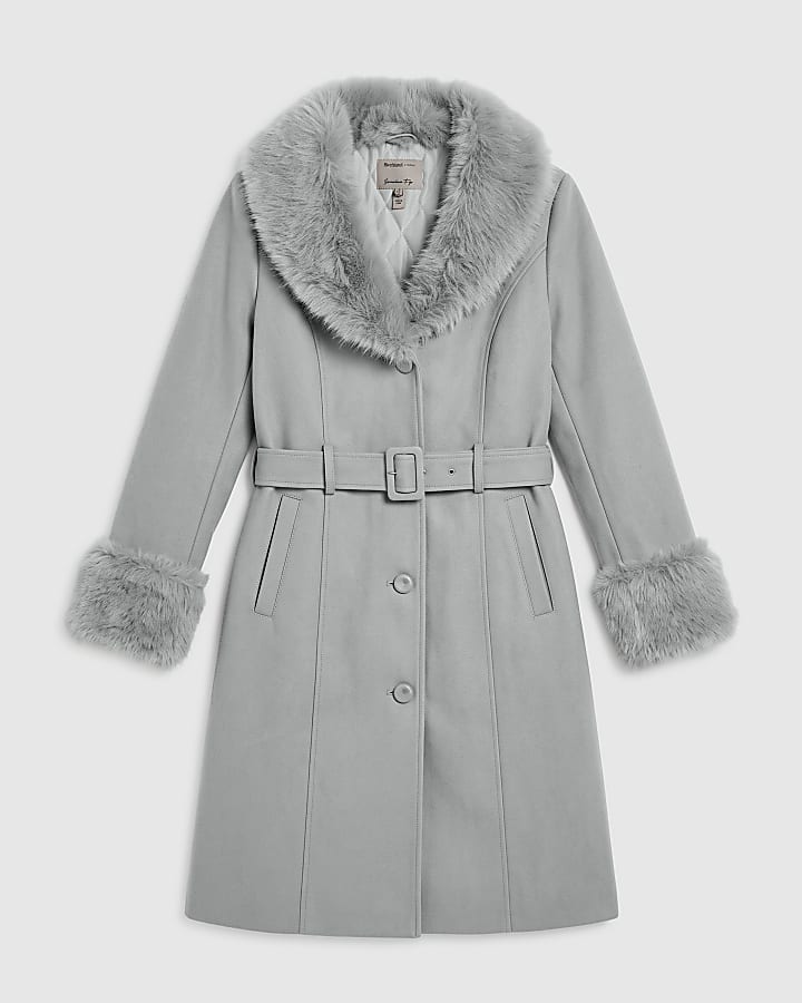 Cream Belted Faux Fur Trim Trench Coat