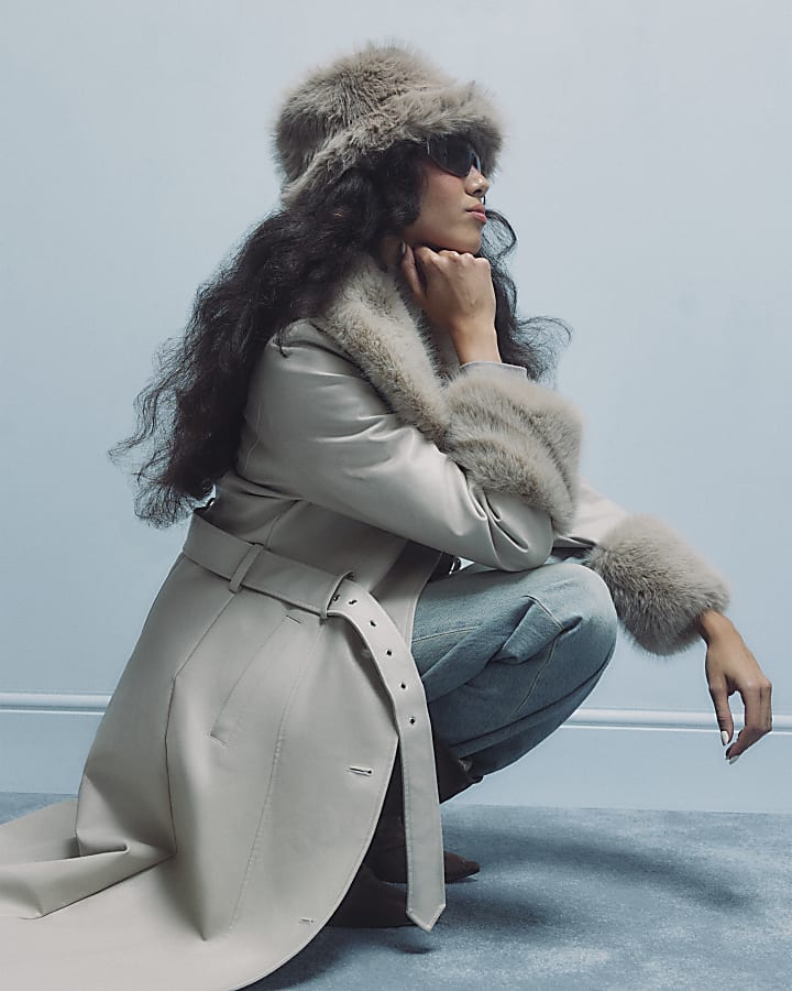 Cream Belted Faux Fur Trim Trench Coat