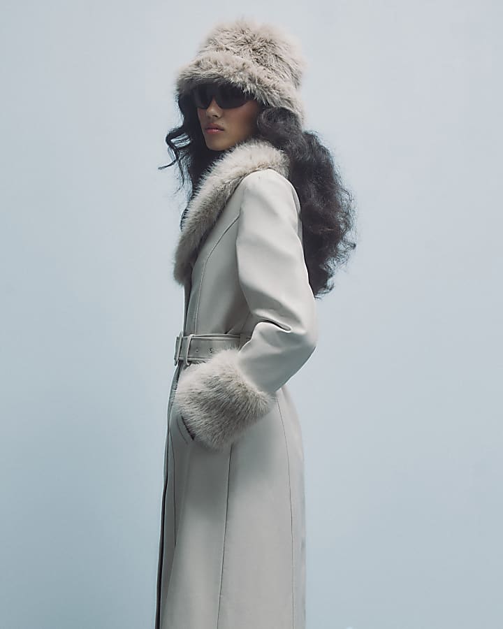 Cream Belted Faux Fur Trim Trench Coat