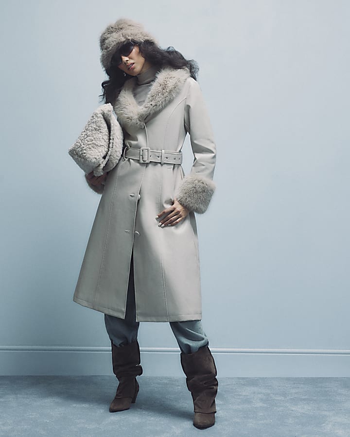 Cream Belted Faux Fur Trim Trench Coat