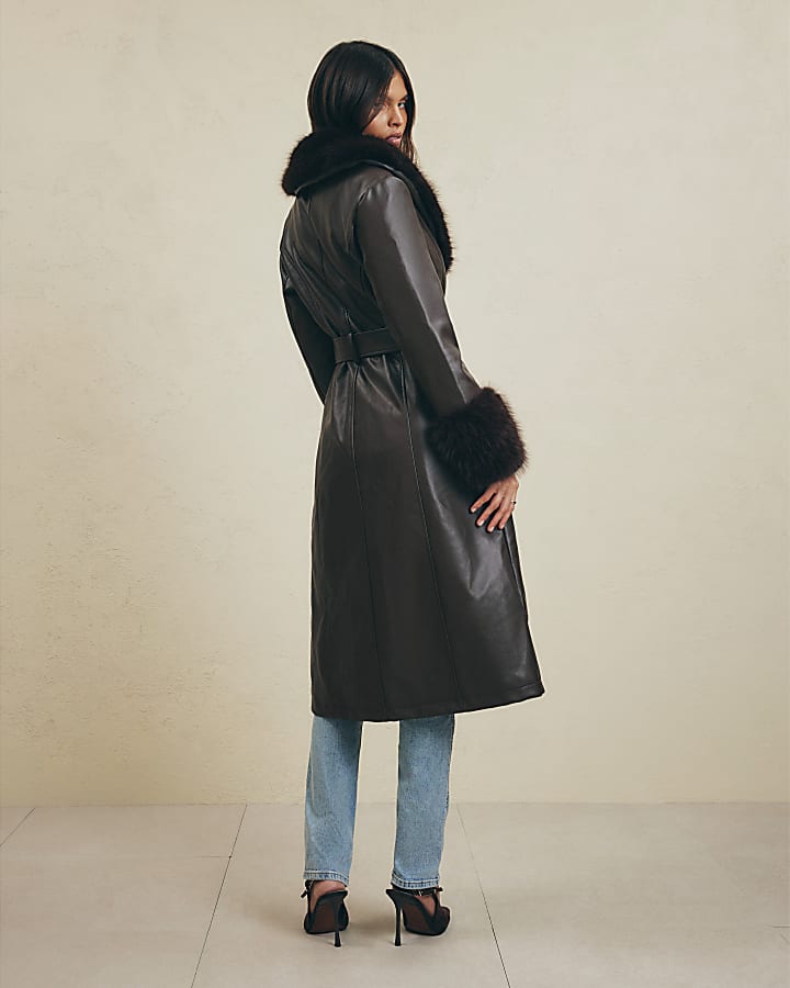 Brown Faux Fur Trim Belted Trench Coat