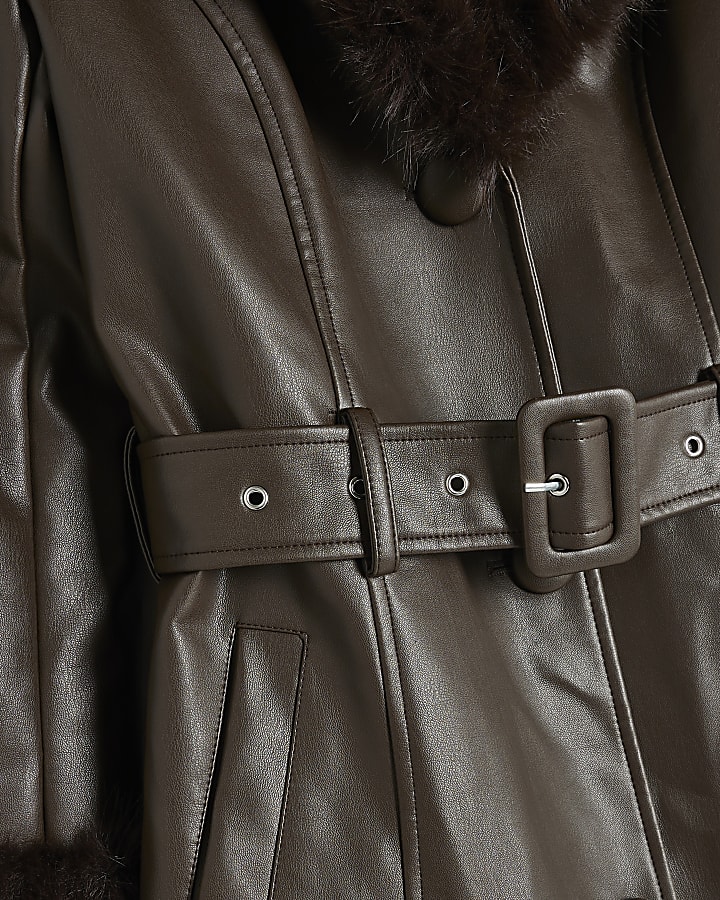 Brown Faux Fur Trim Belted Trench Coat