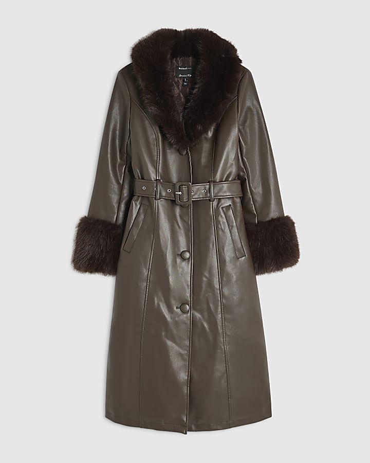 Brown Faux Fur Trim Belted Trench Coat
