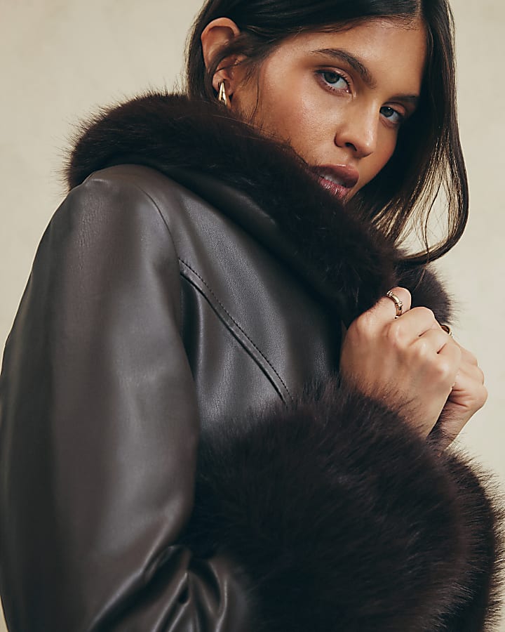 Brown Faux Fur Trim Belted Trench Coat