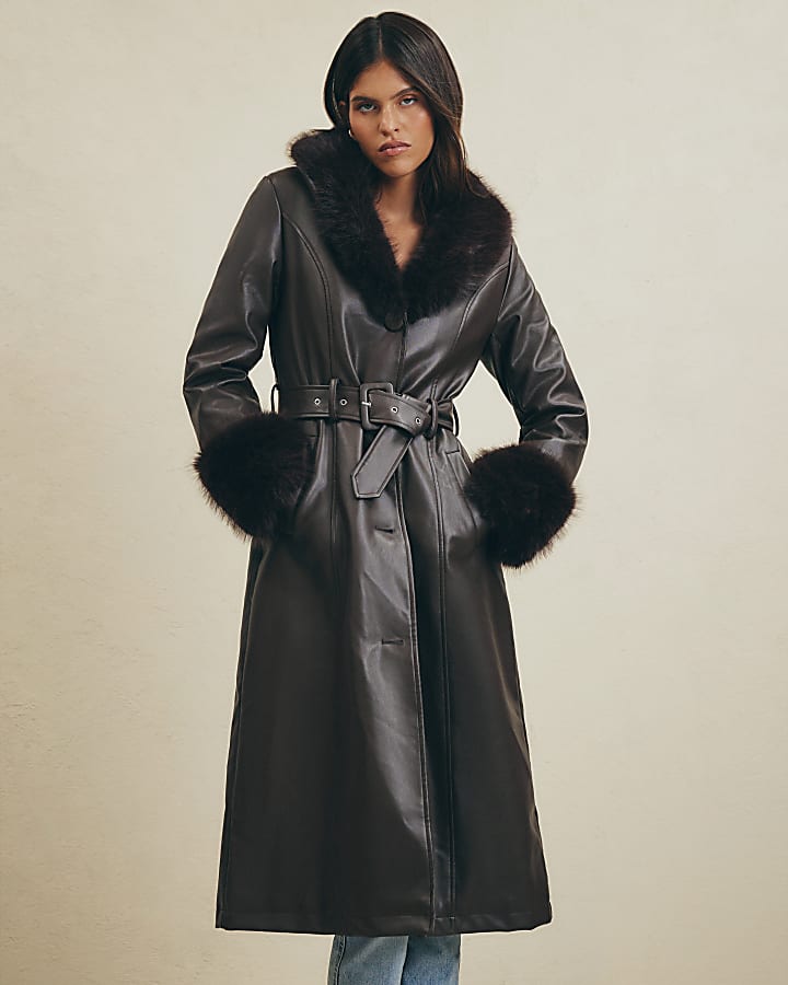 Brown Faux Fur Trim Belted Trench Coat