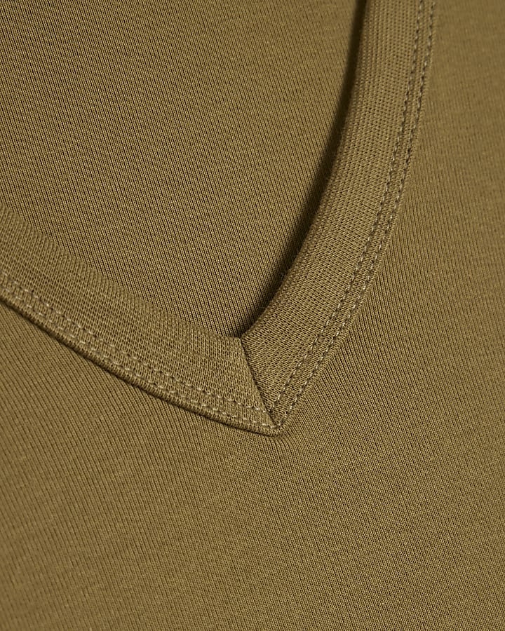Khaki Cotton Blend V Neck Top