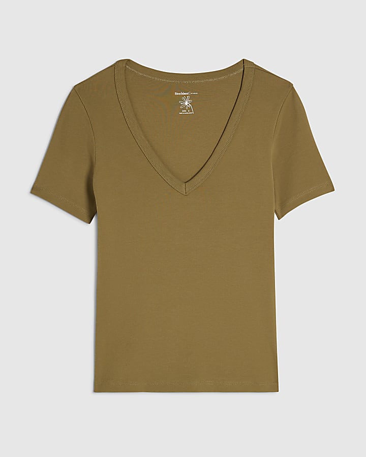 Khaki Cotton Blend V Neck Top
