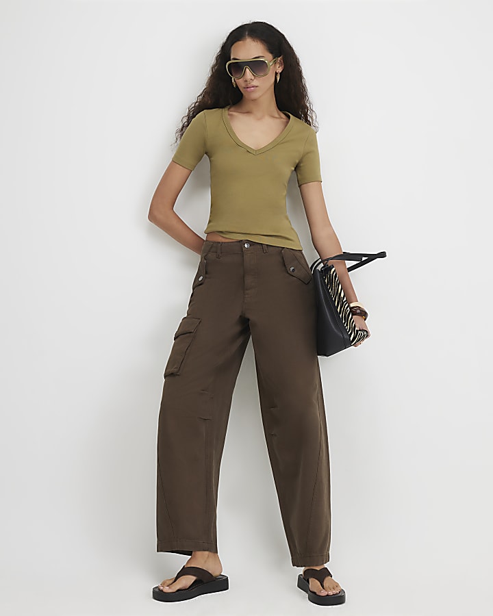 Khaki Cotton Blend V Neck Top