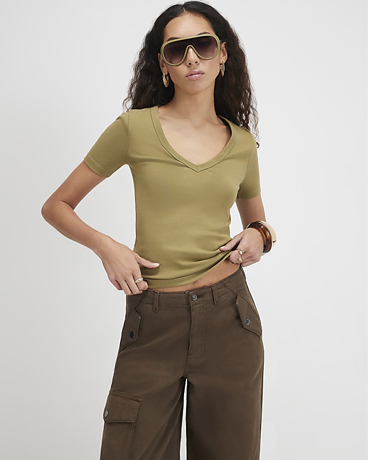 Khaki Cotton Blend V Neck Top