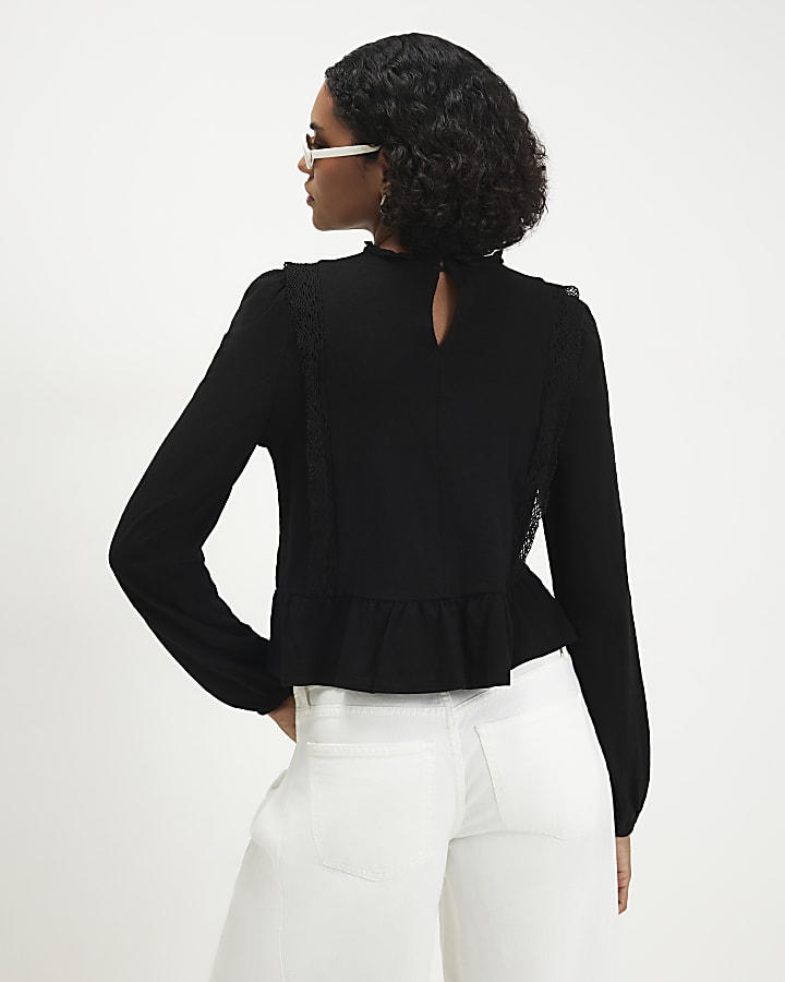 Black Long Sleeve Floral Broderie Top