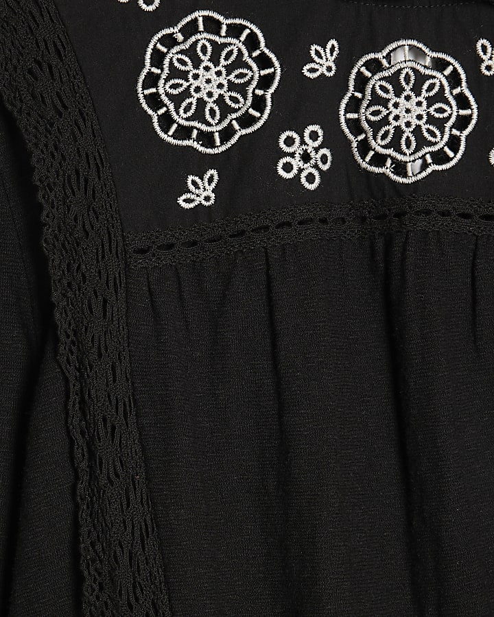 Black Long Sleeve Floral Broderie Top