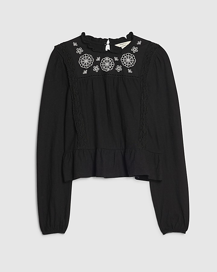 Black Long Sleeve Floral Broderie Top