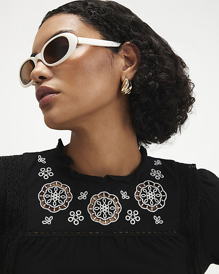 Black Long Sleeve Floral Broderie Top