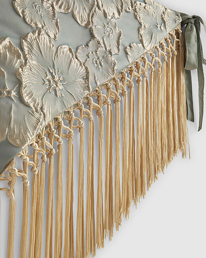 Blue Floral Jacquard Gold Fringe Hip Scarf