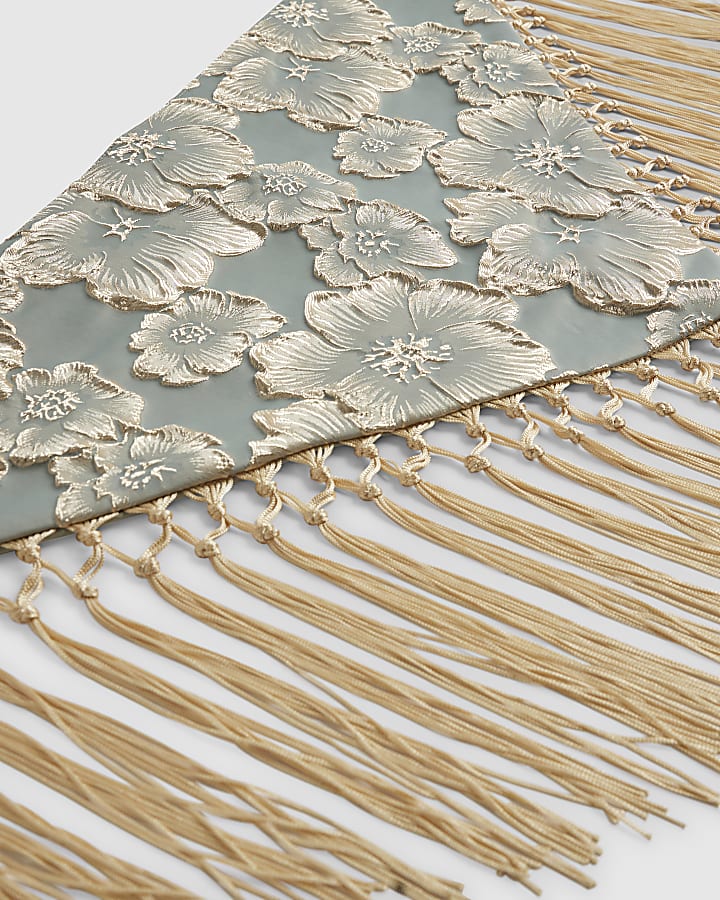 Blue Floral Jacquard Gold Fringe Hip Scarf
