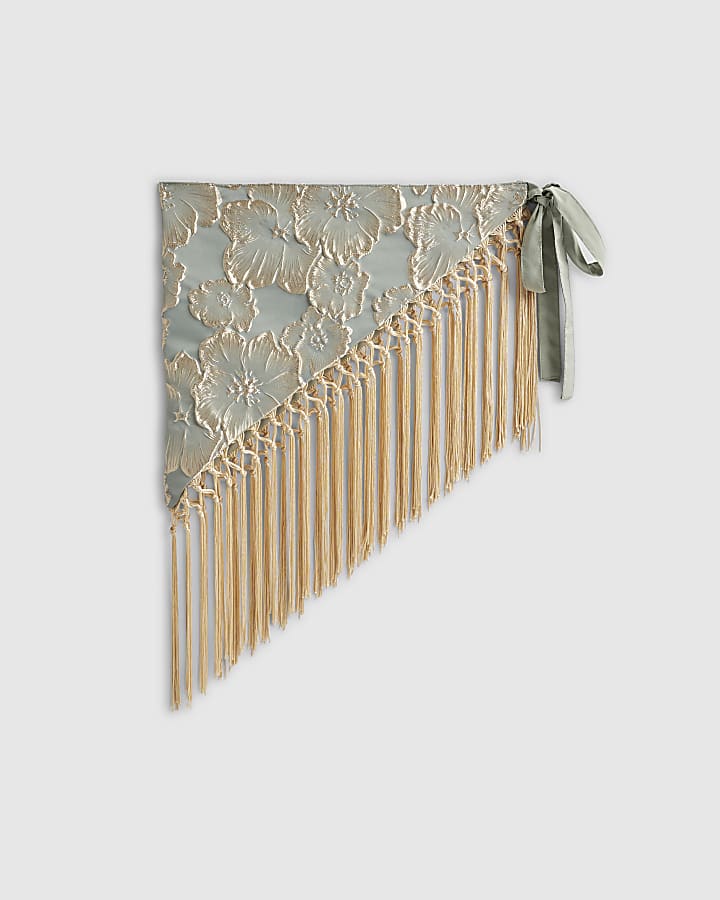 Blue Floral Jacquard Gold Fringe Hip Scarf