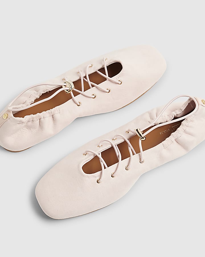Pink Faux Suede Lace Up Ballet Flats