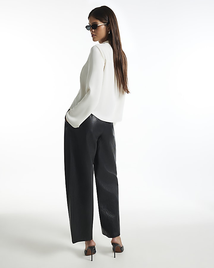 Black Soft Faux Leather Barrel Leg Trousers