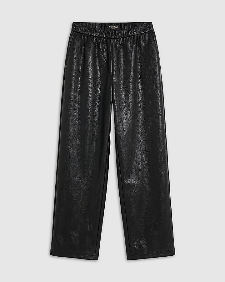 Black Soft Faux Leather Barrel Leg Trousers