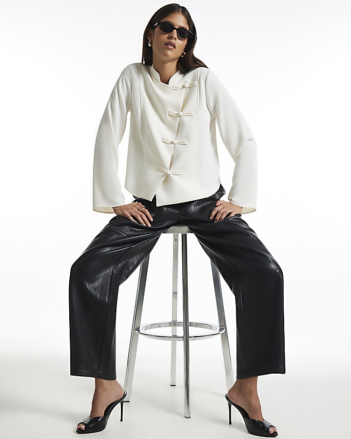 Black Soft Faux Leather Barrel Leg Trousers