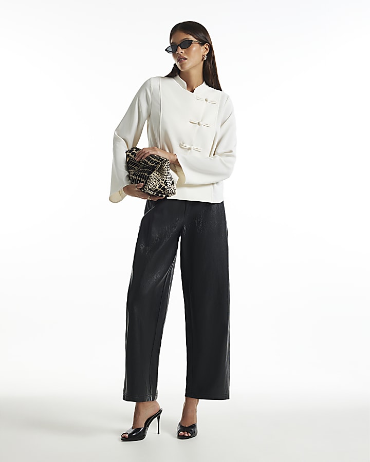 Black Soft Faux Leather Barrel Leg Trousers