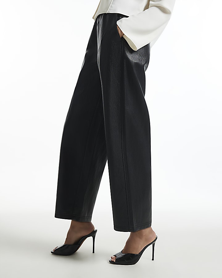 Black Soft Faux Leather Barrel Leg Trousers