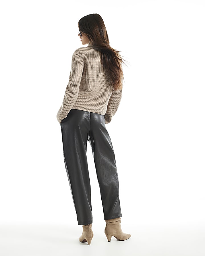 Brown Soft Faux Leather Barrel Leg Trousers