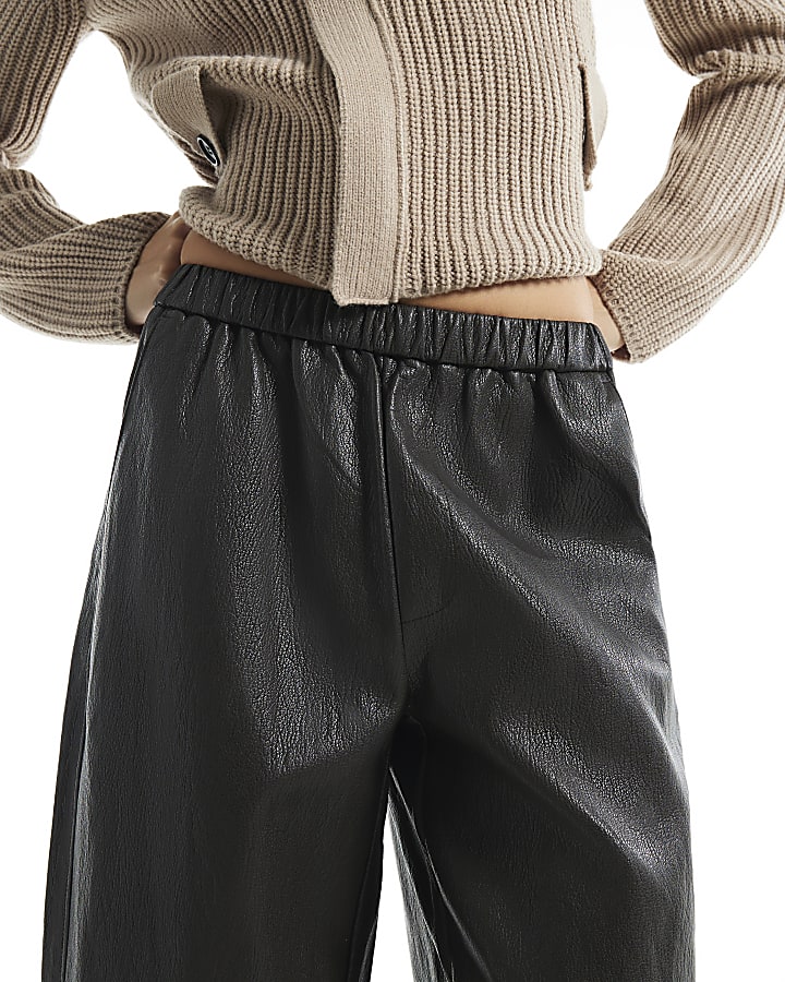 Brown Soft Faux Leather Barrel Leg Trousers