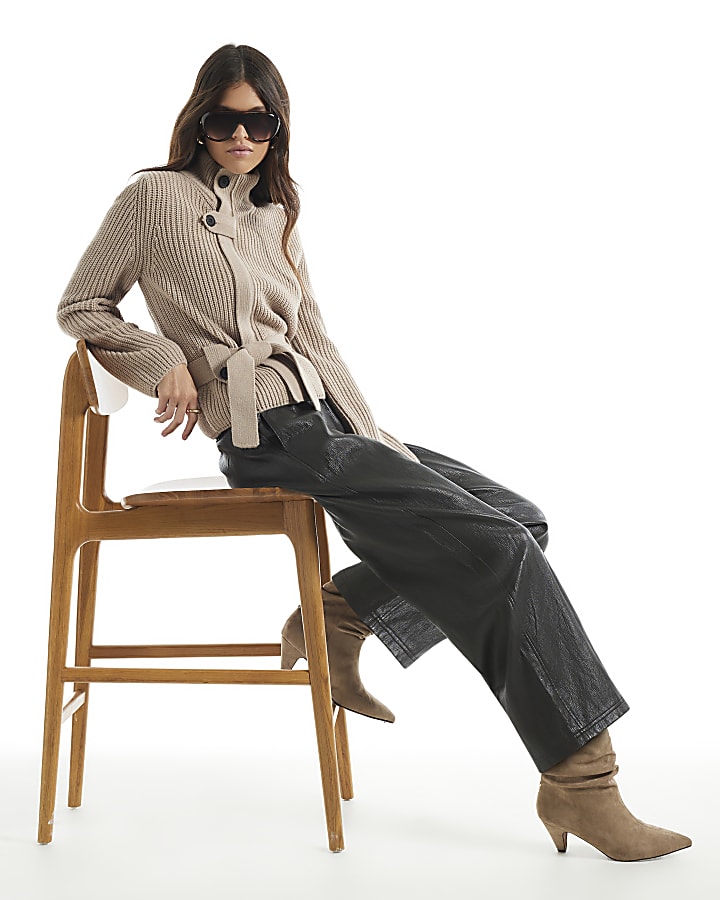 Brown Soft Faux Leather Barrel Leg Trousers