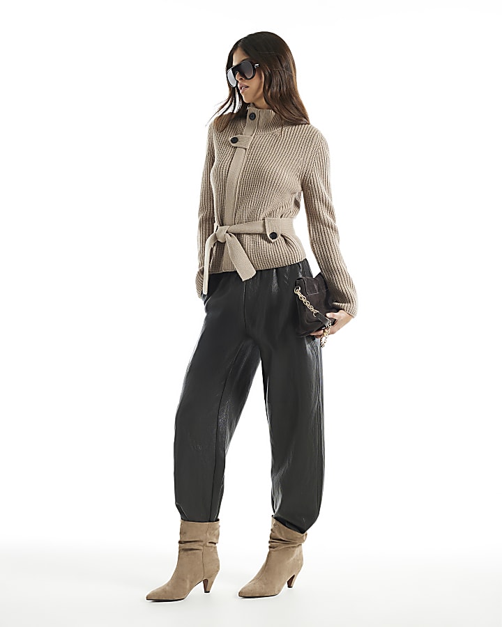 Brown Soft Faux Leather Barrel Leg Trousers