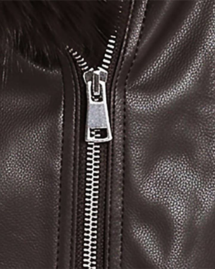 Brown Faux Fur Collar Cropped Biker Jacket