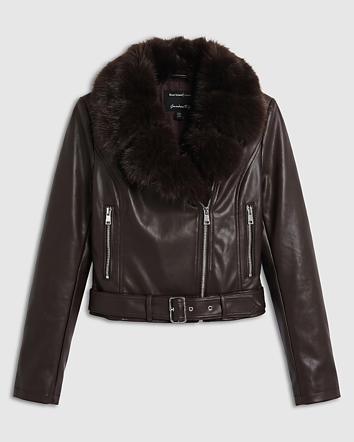 Brown Faux Fur Collar Cropped Biker Jacket