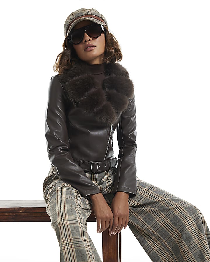 Brown Faux Fur Collar Cropped Biker Jacket