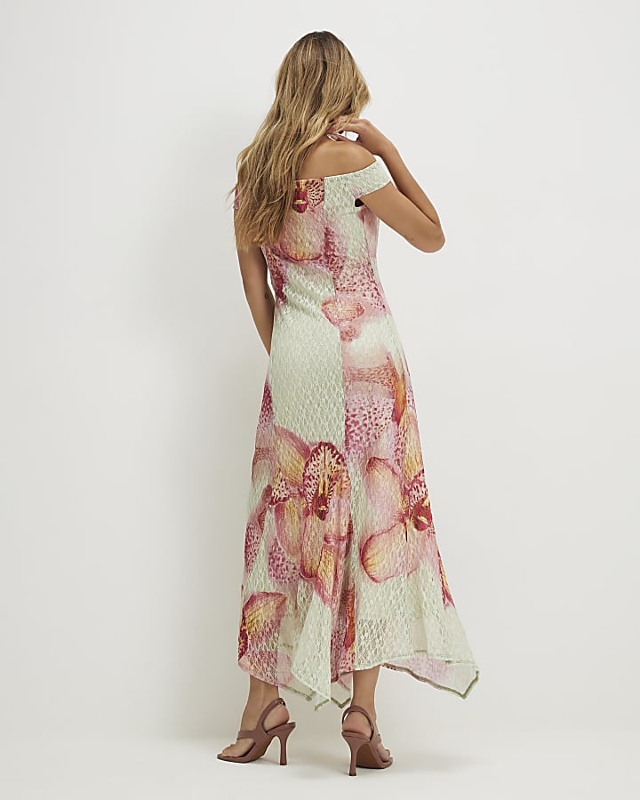 Pink Floral Lace Bardot Maxi Dress