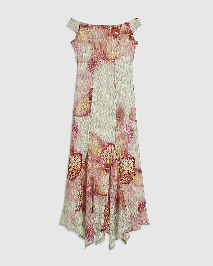 Pink Floral Lace Bardot Maxi Dress