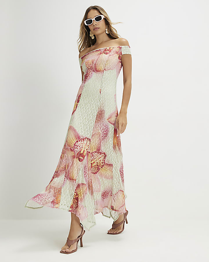 Pink Floral Lace Bardot Maxi Dress