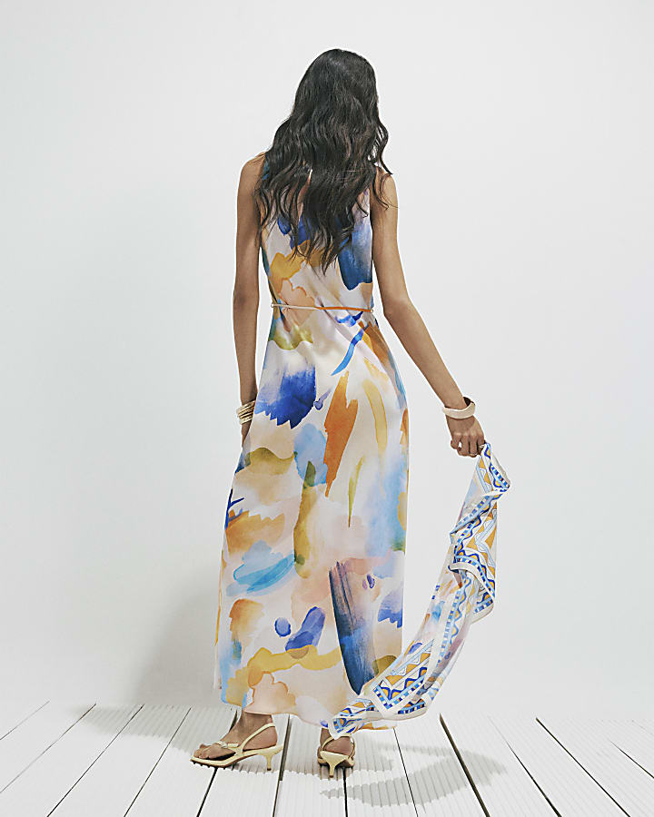 Cream Blur Print Midi Slip Dress