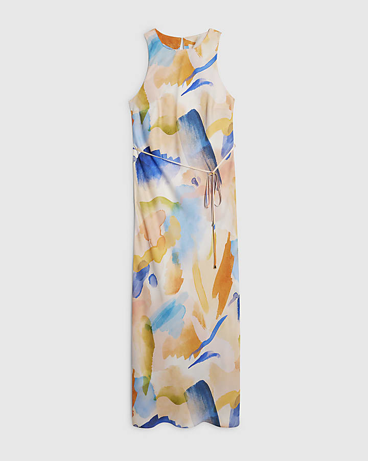 Cream Blur Print Midi Maxi Slip Dress