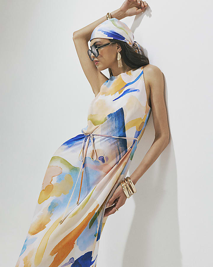Cream Blur Print Midi Slip Dress